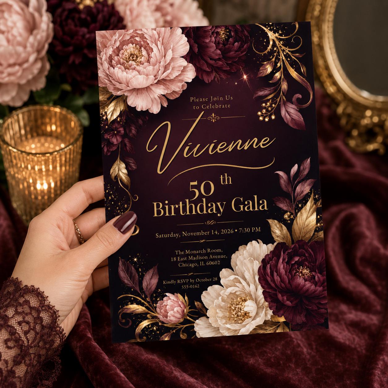 Elegant 50th Birthday Gala Invitation, Burgundy Gold Floral Canva Template, Editable Milestone Party Invite
