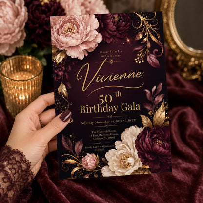 Elegant 50th Birthday Gala Invitation, Burgundy Gold Floral Canva Template, Editable Milestone Party Invite