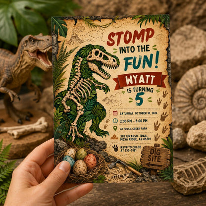 Dinosaur 3rd Birthday Invitation: Dino Four — print-ready 3rd birthday party design from VoltBy