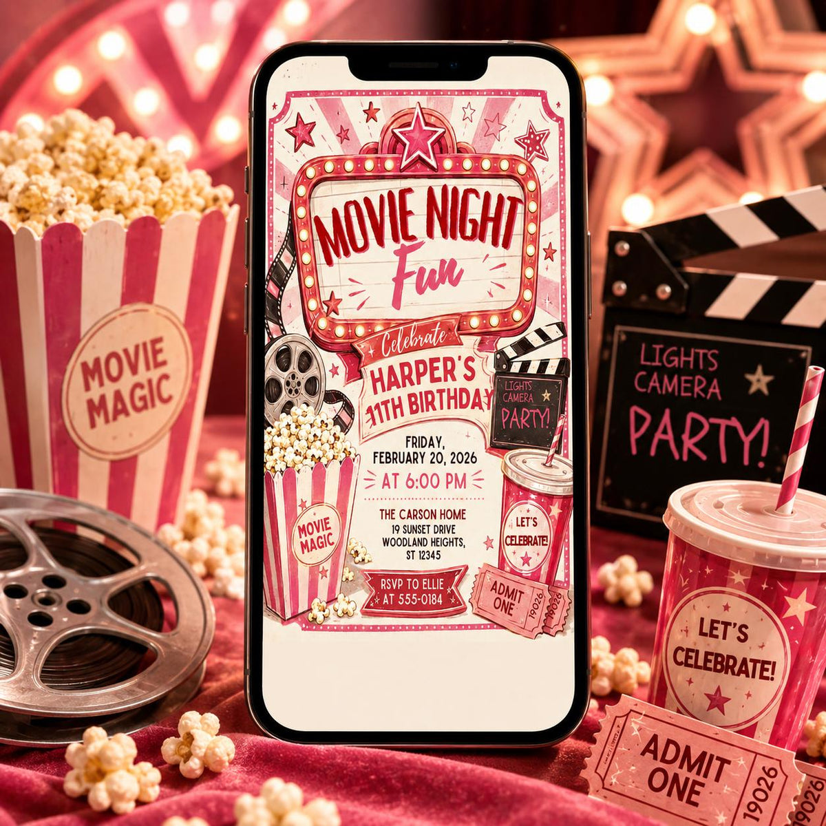 Vintage Movie Night 11th Birthday Invitation in Pink and Red — digital invitation, instant download