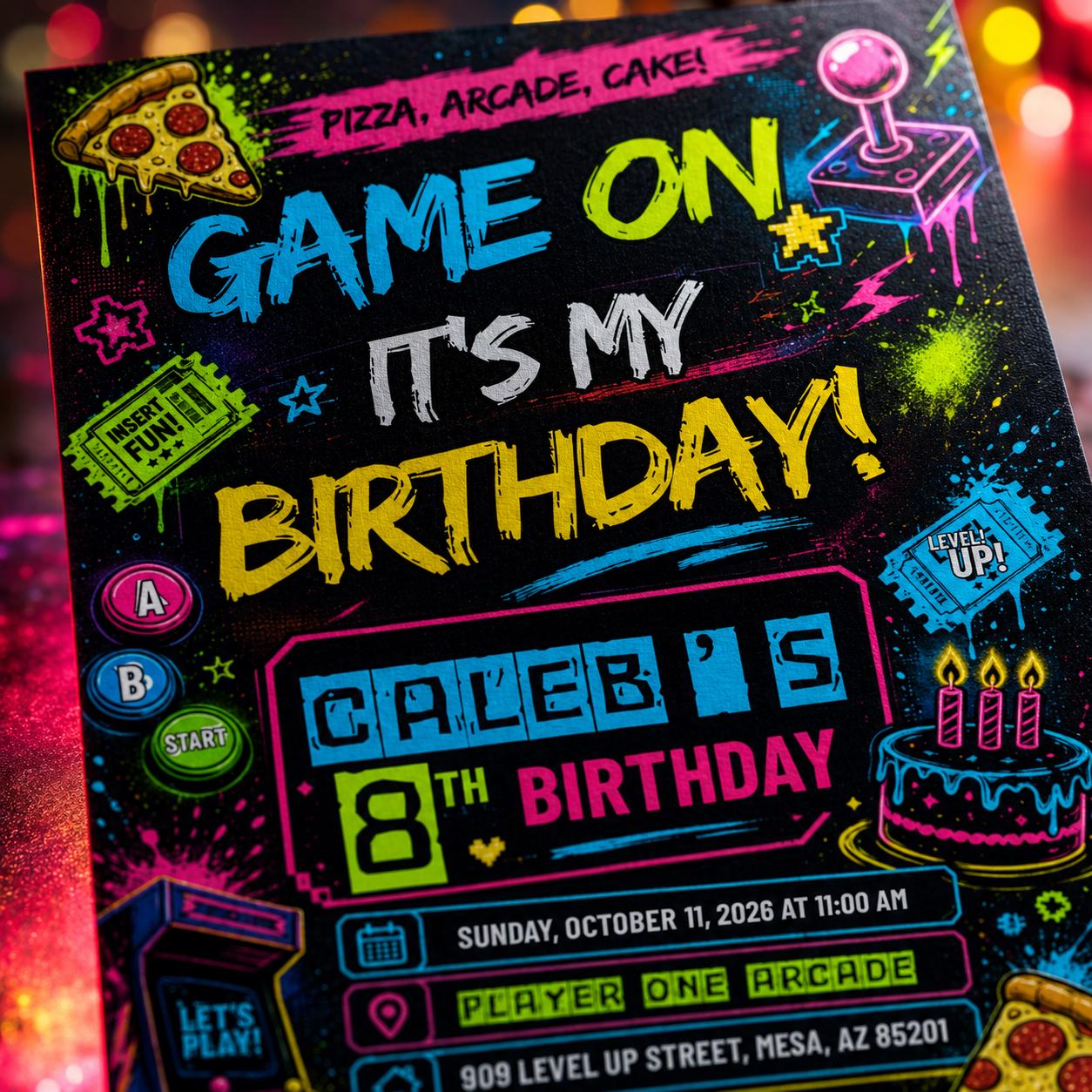 Video Game Birthday Invitation Editable Template, Pizza Arcade Neon Boy Birthday, Printable Digital Canva Download __etsy:8128412542