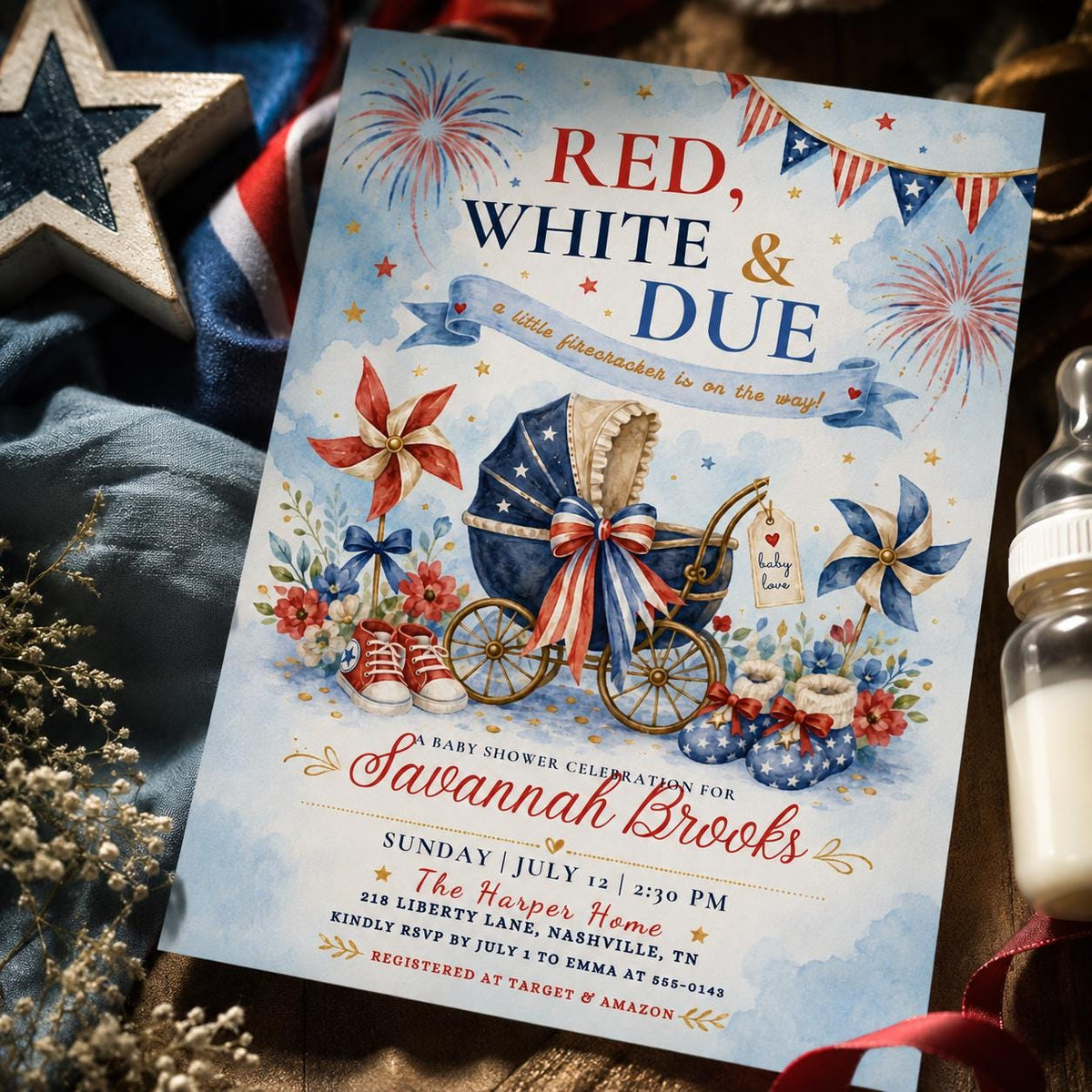 Red White and Due Baby Shower Invitation with Pram — bow design