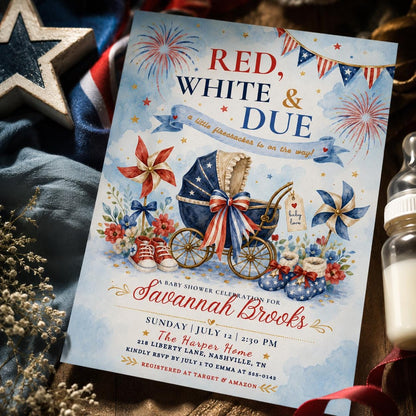 Red White and Due Baby Shower Invitation with Pram — bow design