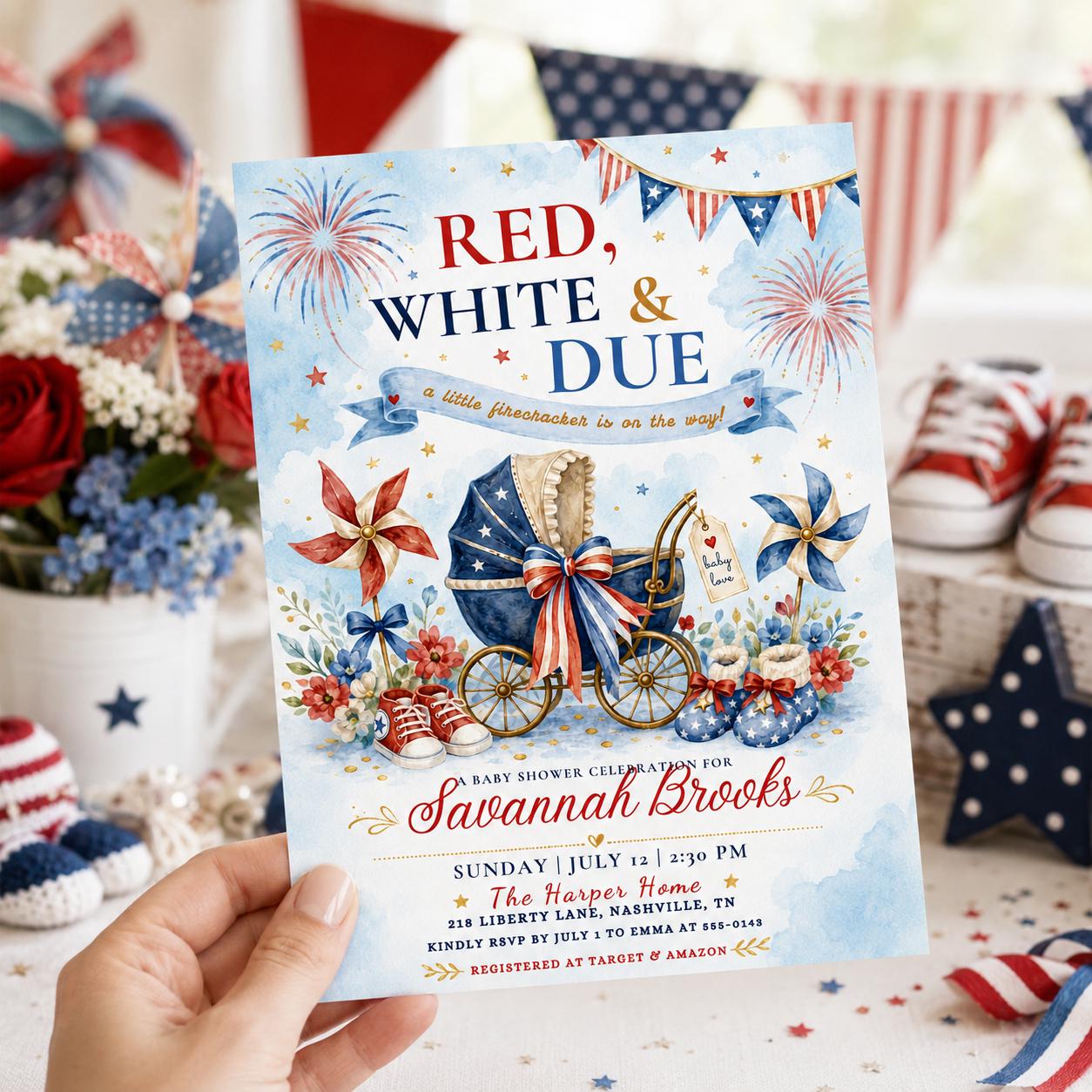 Red, White & Due Baby Shower Invitation Template, America 250th Anniversary Invitation Template 4th of July Party Invitation, Canva Template __etsy:8128814479