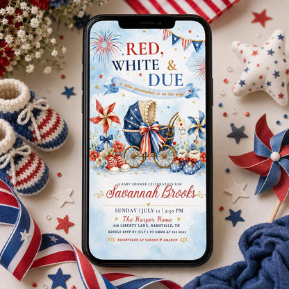 Red White and Due Baby Shower Invitation with Pram — bow artwork in blue cream