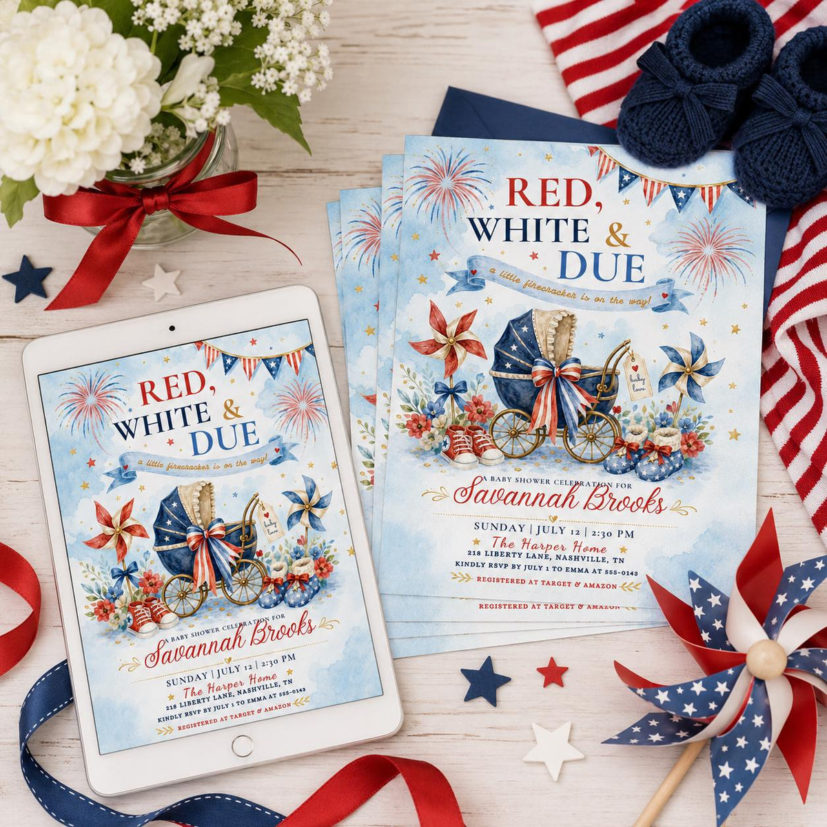 Red White and Due Baby Shower Invitation with Pram — invitation you personalize in Canva