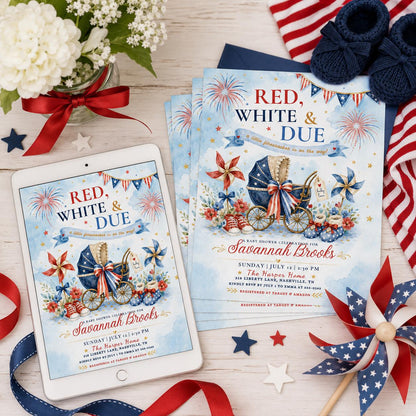 Red White and Due Baby Shower Invitation with Pram — invitation you personalize in Canva