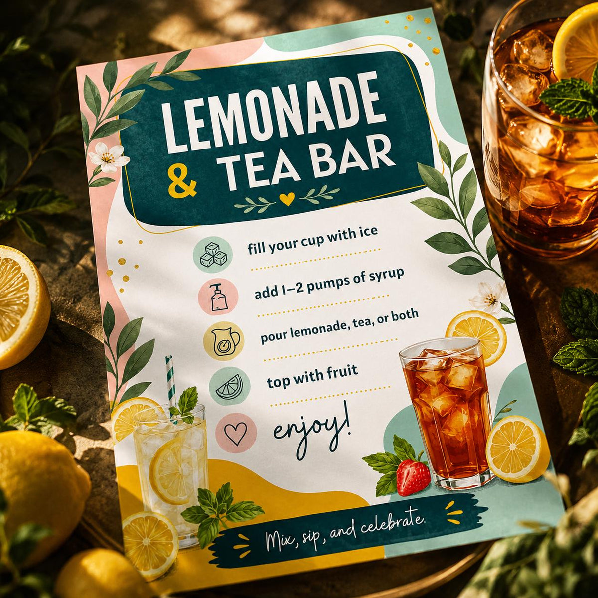 Lemonade and Tea Bar Recipe Sign — menu design you personalize in Canva