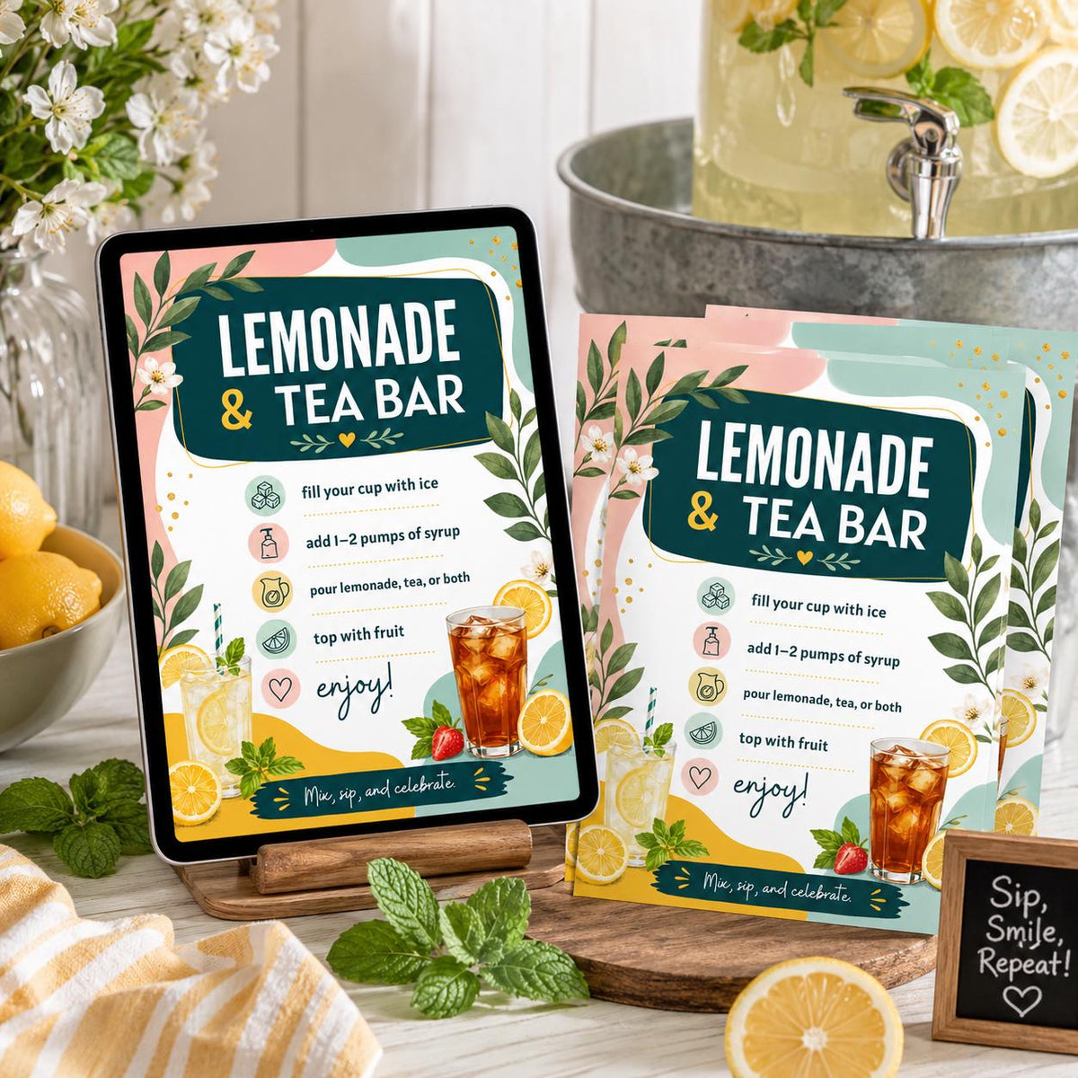 Lemonade and Tea Bar Recipe Sign — lemon artwork in cream teal