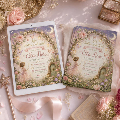 Enchanted Fairy Garden 5th Birthday Invitation with Floral Arch — 5th birthday party stationery by VoltBy