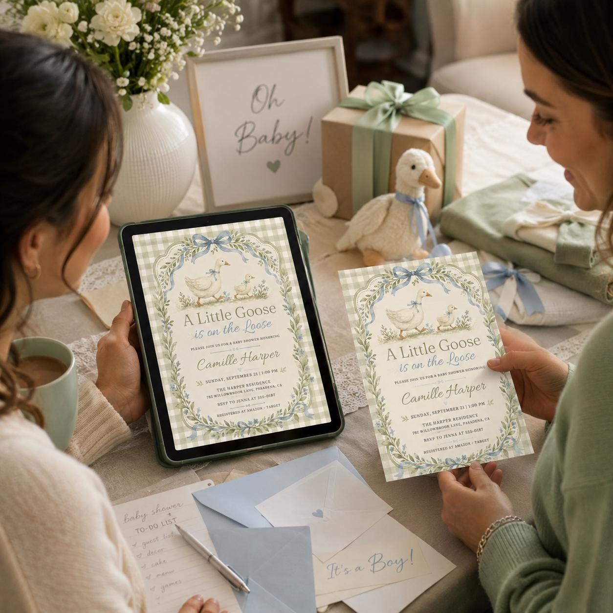 A Little Goose Baby Shower Invitation, Editable Gingham Goose Theme Invite, Spring Baby Shower Template,  Baby Shower Invitation Template __etsy:8129703900