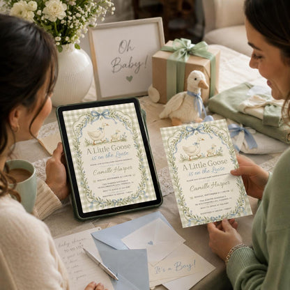 A Little Goose Baby Shower Invitation, Editable Gingham Goose Theme Invite, Spring Baby Shower Template,  Baby Shower Invitation Template __etsy:8129703900