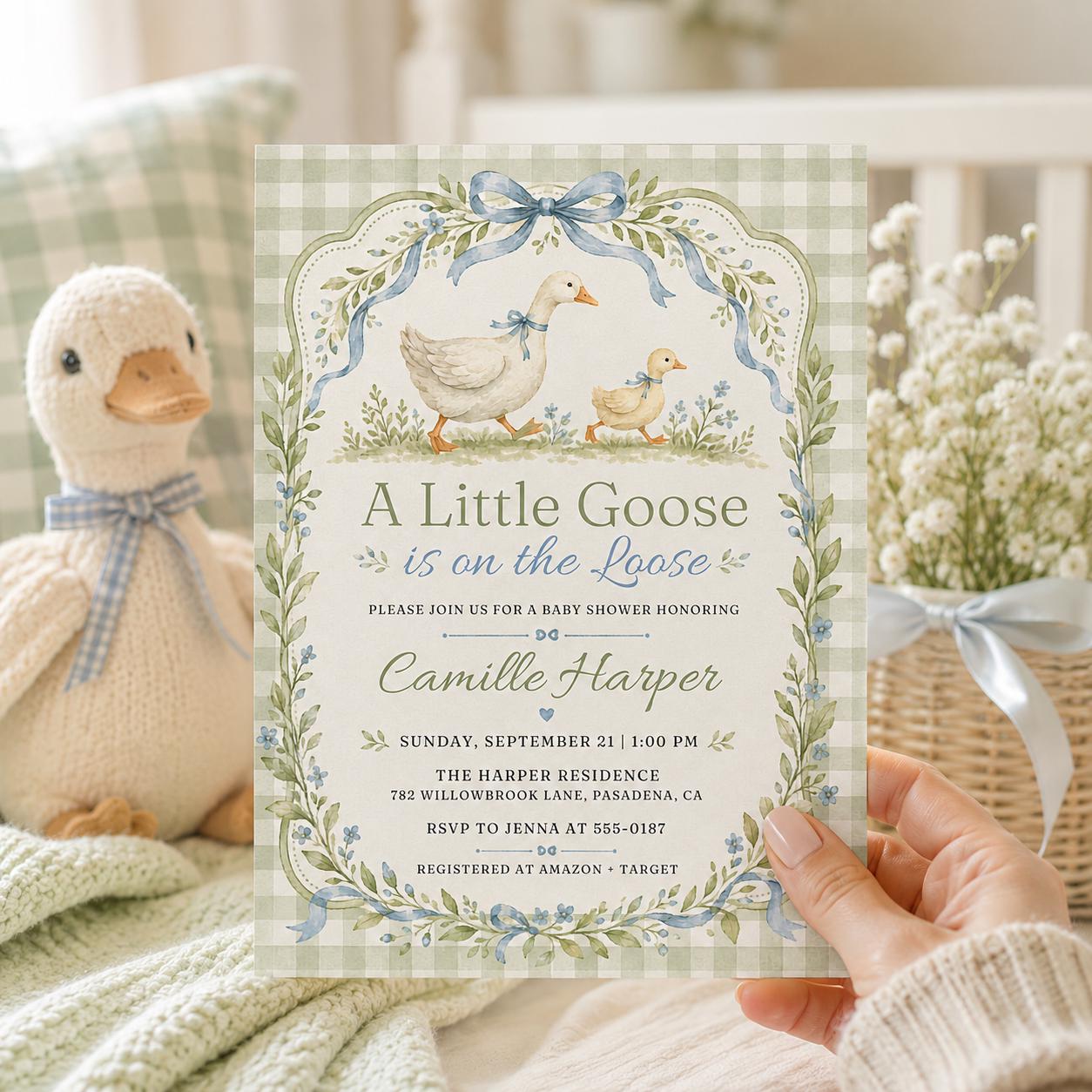 A Little Goose Baby Shower Invitation, Editable Gingham Goose Theme Invite, Spring Baby Shower Template,  Baby Shower Invitation Template __etsy:8129704076