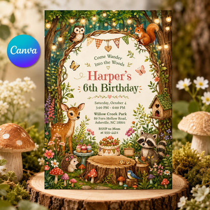 Woodland Animals 6th Birthday Invitation for Girls — editable Canva template