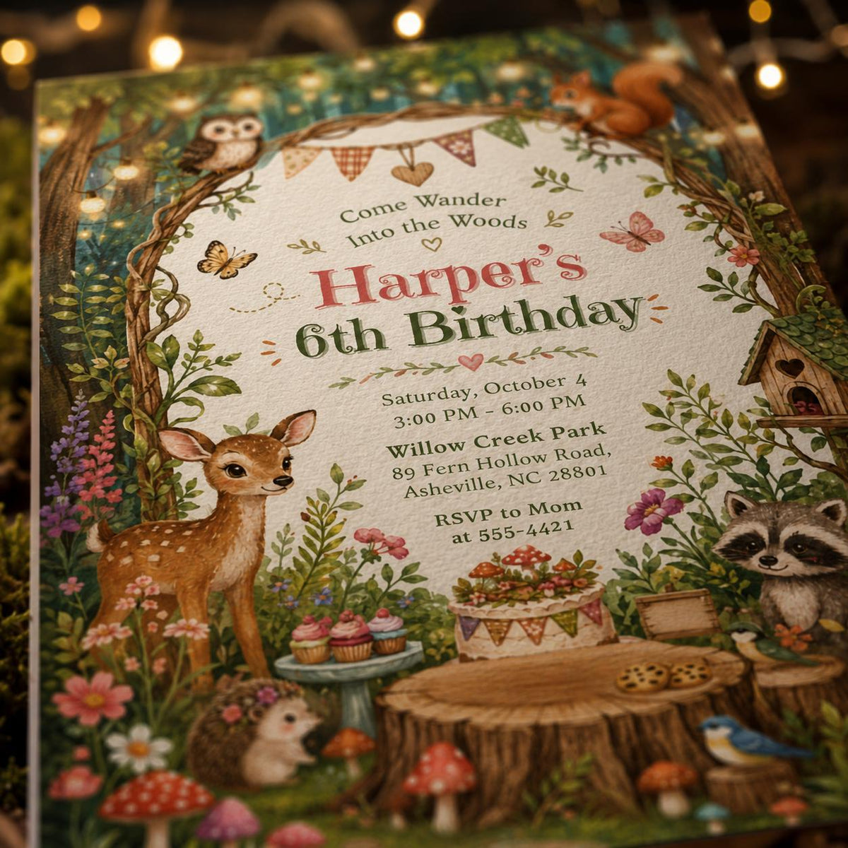 Woodland Animals 6th Birthday Invitation for Girls — print-ready 6th birthday party design from VoltBy