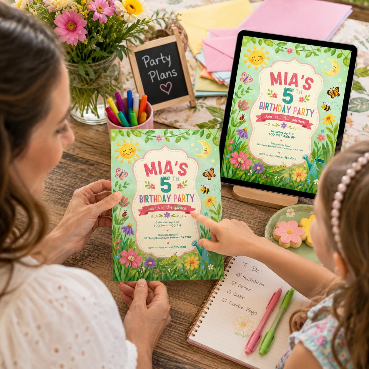 Floral 5th Birthday Party Invitation, Editable Garden Flower Party Invite, Girl 5th Birthday Spring Theme Template, Printable Digital __etsy:8130038754