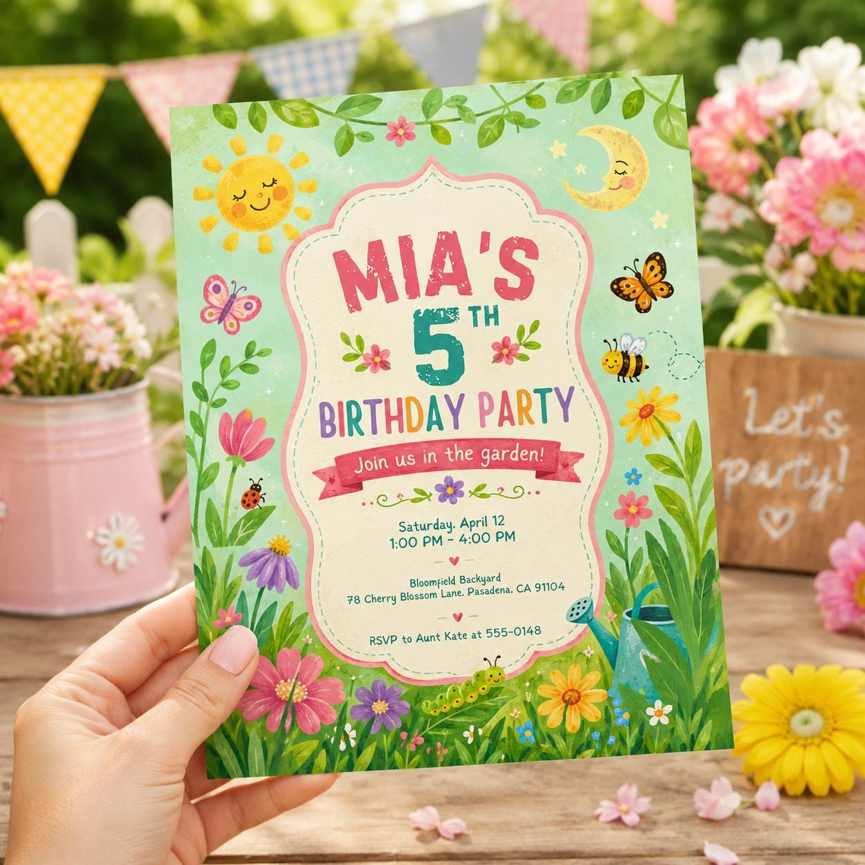 Floral 5th Birthday Party Invitation, Editable Garden Flower Party Invite, Girl 5th Birthday Spring Theme Template, Printable Digital __etsy:8130038760