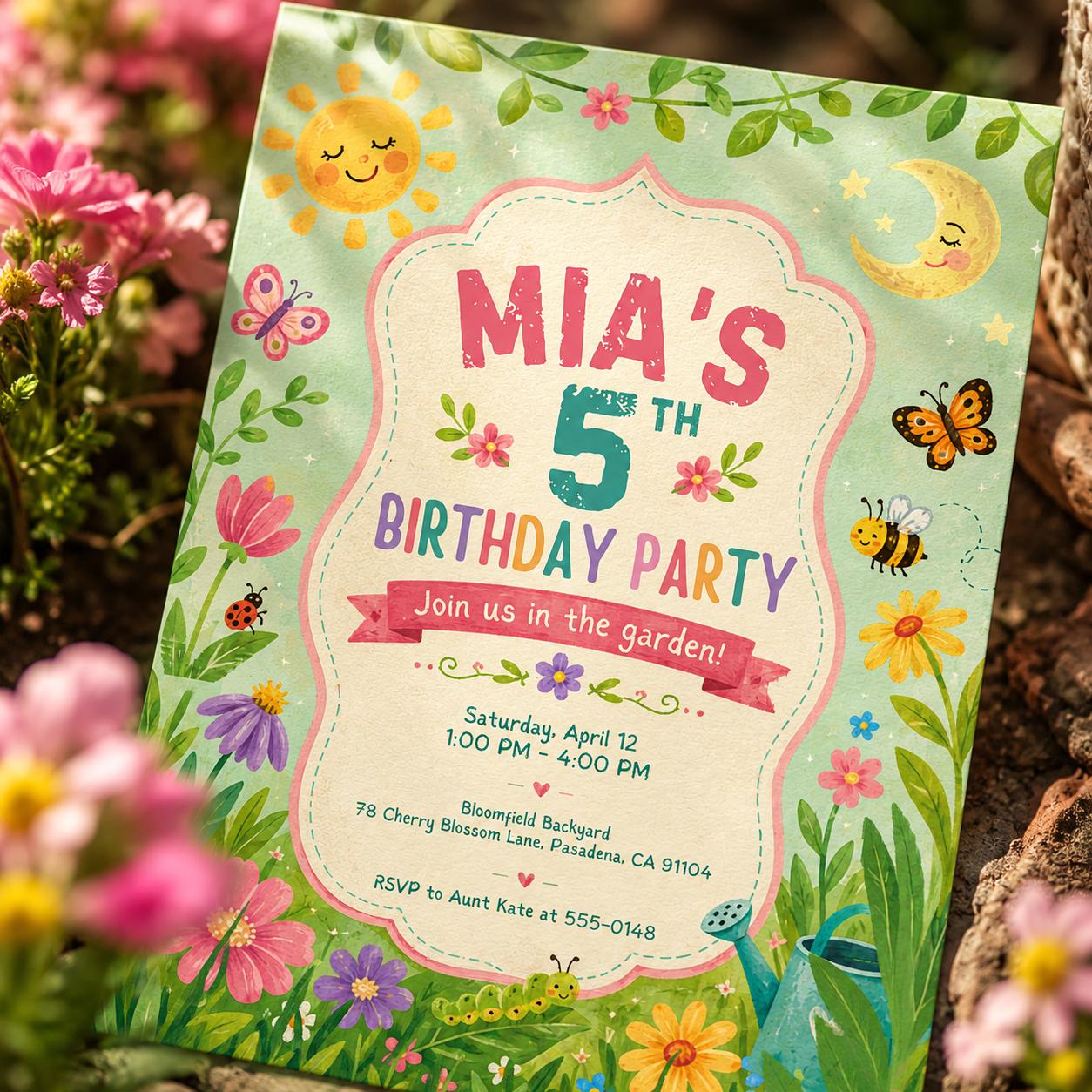 Floral 5th Birthday Party Invitation, Editable Garden Flower Party Invite, Girl 5th Birthday Spring Theme Template, Printable Digital __etsy:8130038764