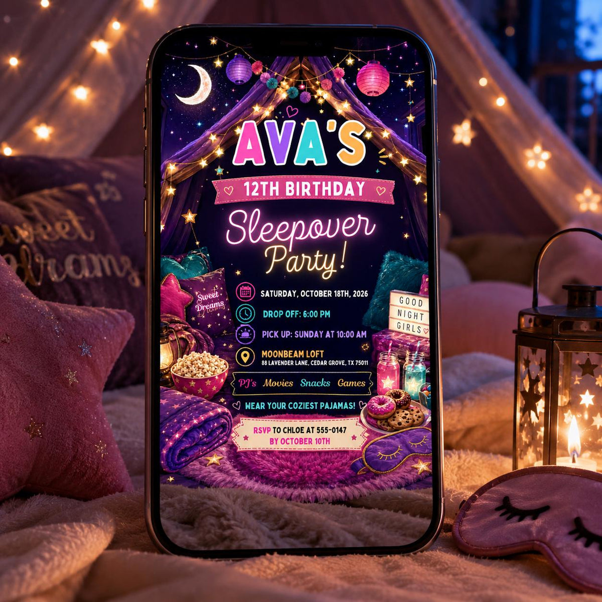 Sleepover Party Invitation — digital invitation, instant download