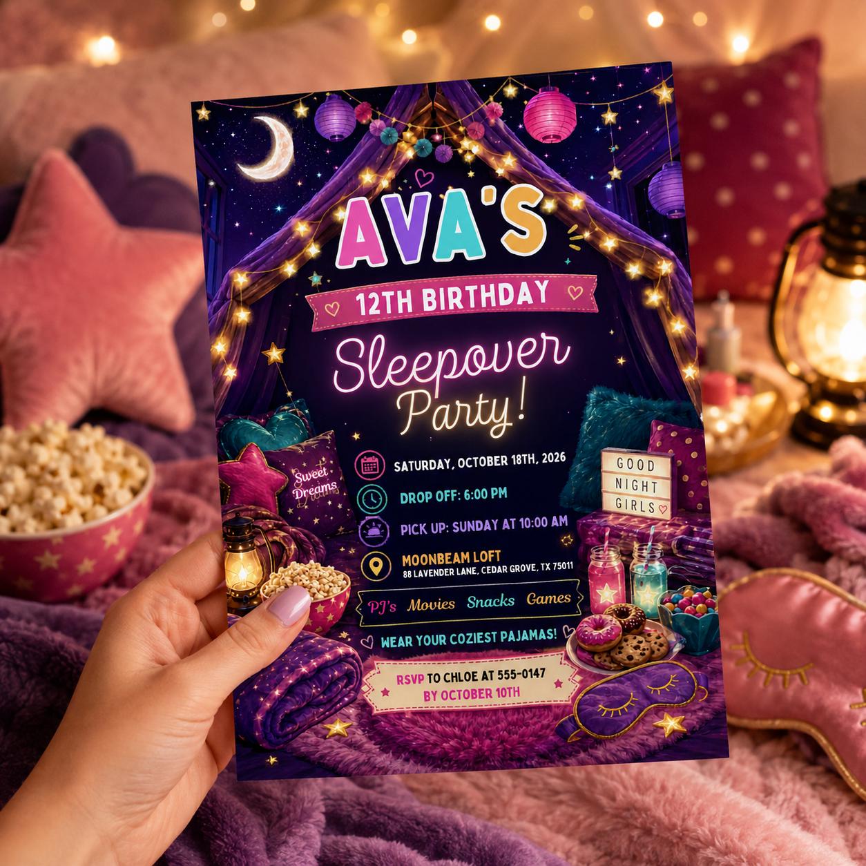 Editable Sleepover Party Invitation - Slumber Birthday Invite, Girls Sleepover Birthday Invitations, Pink Slumber Party, Canva template __etsy:8131582666