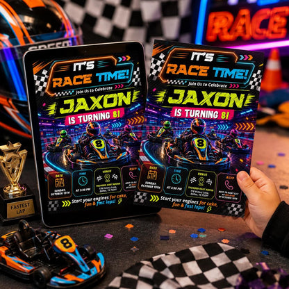 Go Kart Birthday Invitation, Racing Party, Mobile Evite, Racing Car Birthday Invitation, First Lap Around the Track, Editable Canva Template __etsy:8131590342