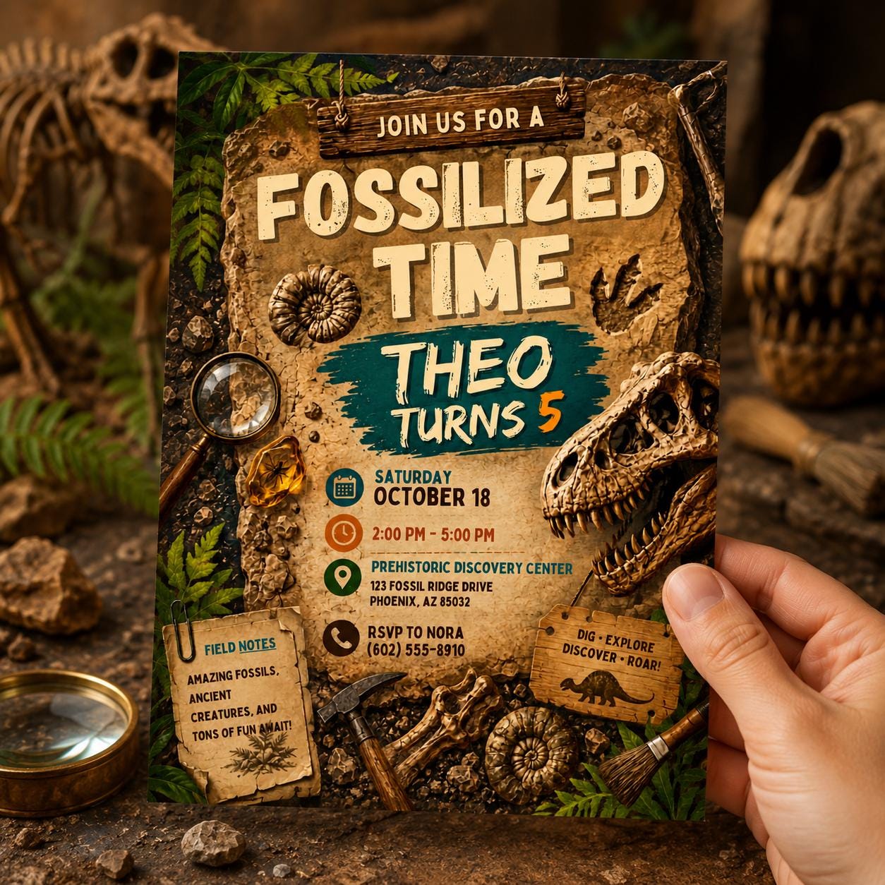 Fossil Dinosaur Birthday Invitation, Editable Jurassic Dino Party Invite, Dino Bones Jurassic Party Supplies, Printable Canva Template __etsy:8131592670