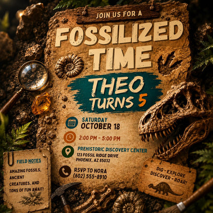 Fossil Dinosaur Birthday Invitation, Editable Jurassic Dino Party Invite, Dino Bones Jurassic Party Supplies, Printable Canva Template __etsy:8131592676