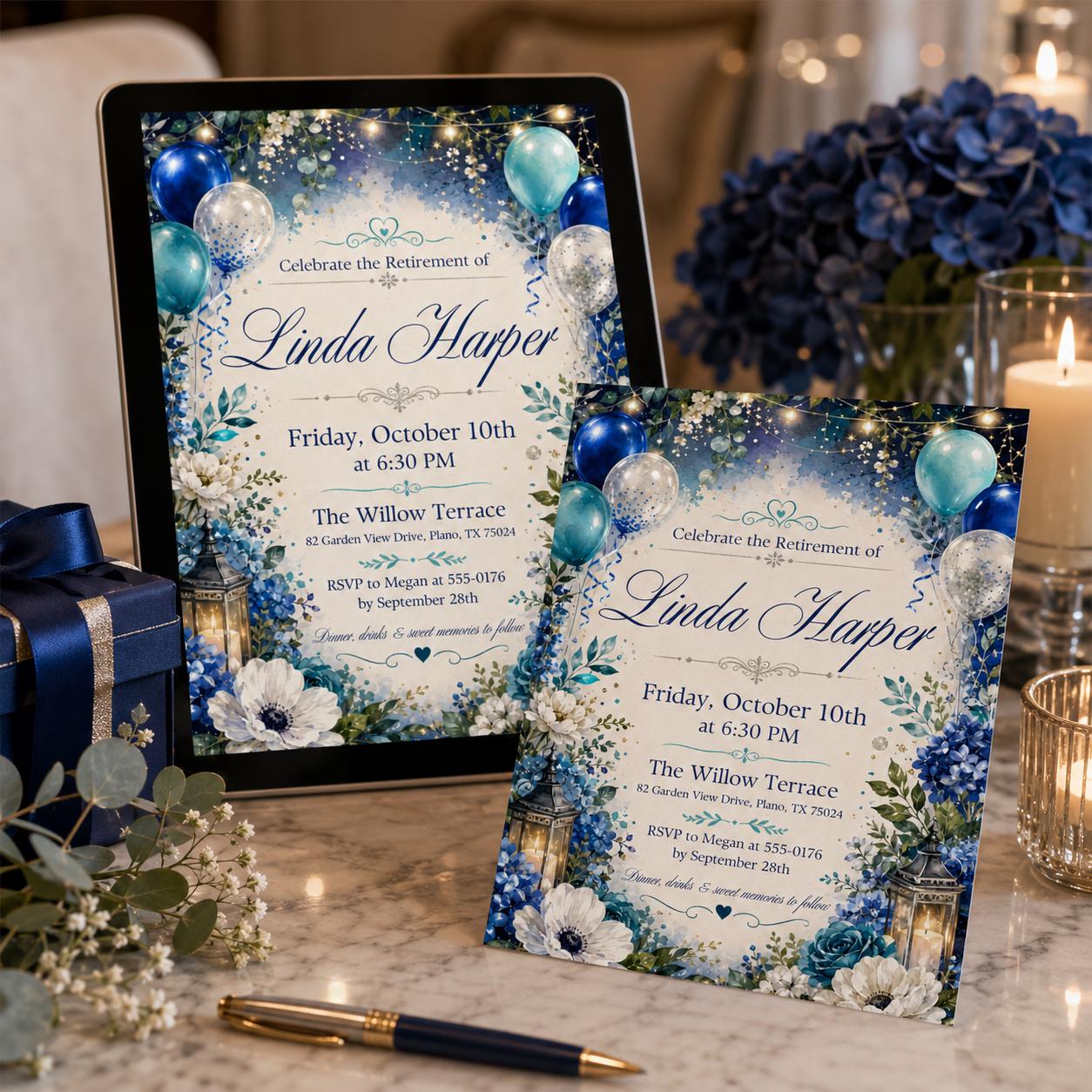 Retirement Party Invitation Blue Balloon Theme Printable Retirement Celebration Invite for Men and Women, Editable Canva Template (Digital) __etsy:8131594732