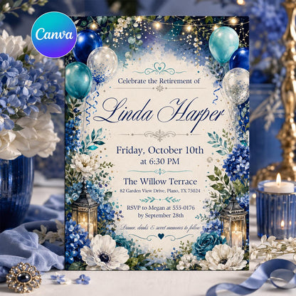 Retirement Party Invitation Blue Balloon Theme Printable Retirement Celebration Invite for Men and Women, Editable Canva Template (Digital) __etsy:8131594760