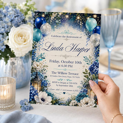 Retirement Party Invitation Blue Balloon Theme Printable Retirement Celebration Invite for Men and Women, Editable Canva Template (Digital) __etsy:8131594776