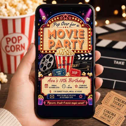 Pop Over for a Movie Party 10th Birthday Invitation — digital invitation, instant download