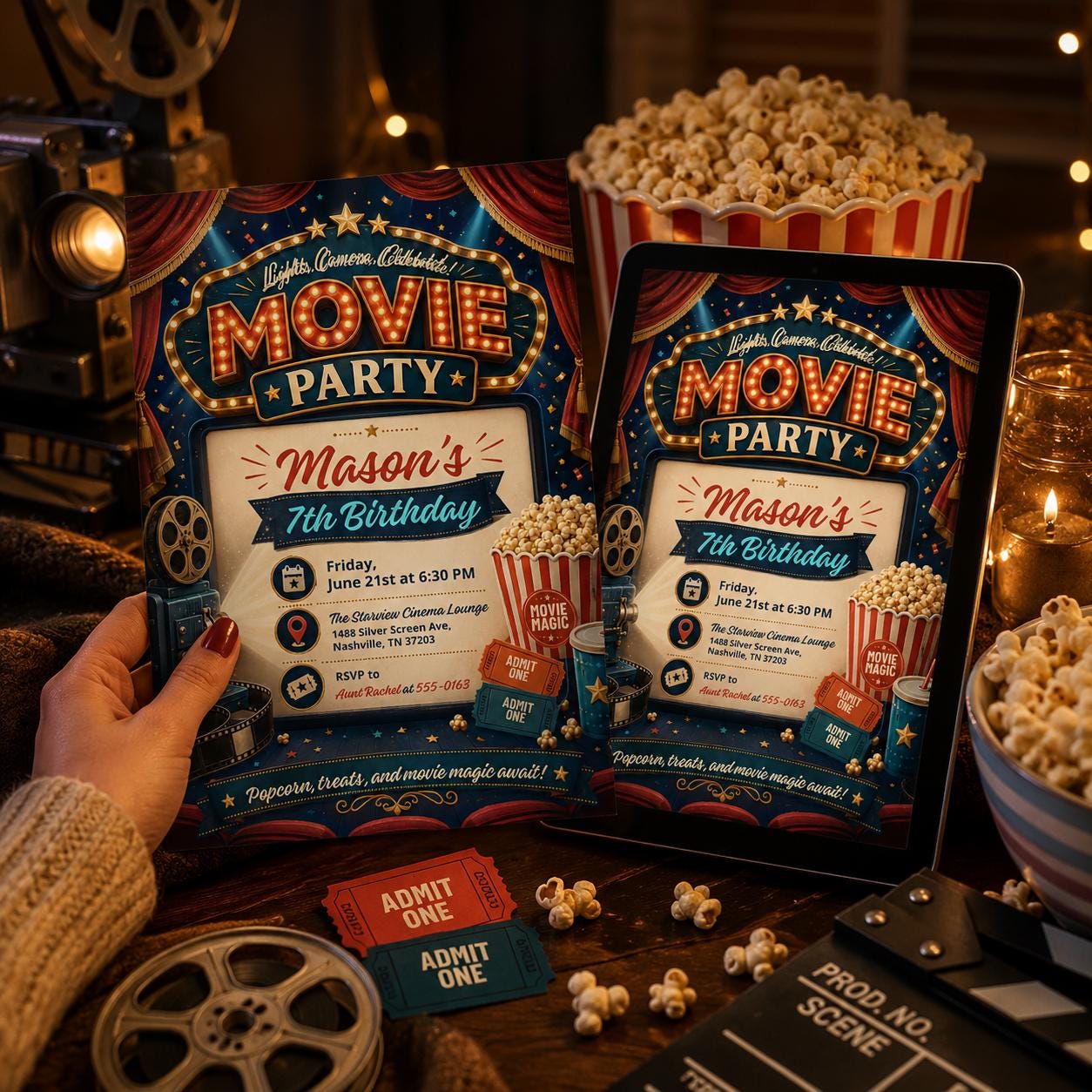 Movie Night Birthday Invitation, Movie Party Invitation, Cinema Invitation, Backyard Movie Night Birthday Birthday Invite, Editable Canva __etsy:8131610440