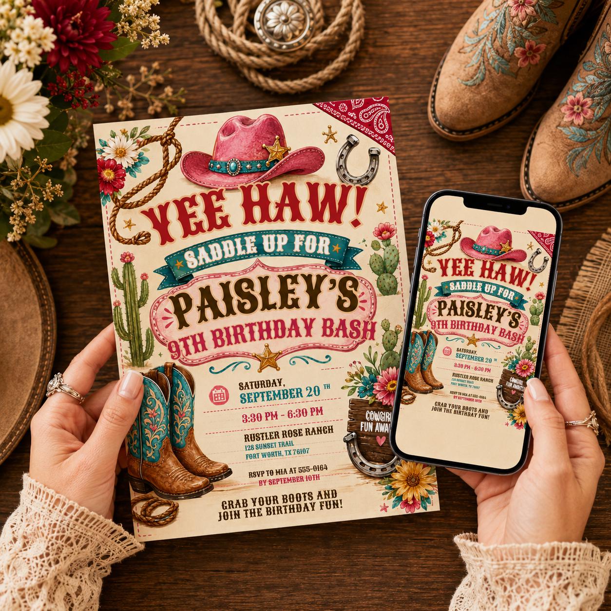 Editable Western Cowgirl Birthday Invitation, Yee Haw Invite, Saddle Up And Put Your Boots On, Western Cowgirl Invitation, Yee Haw Invite __etsy:8131611902