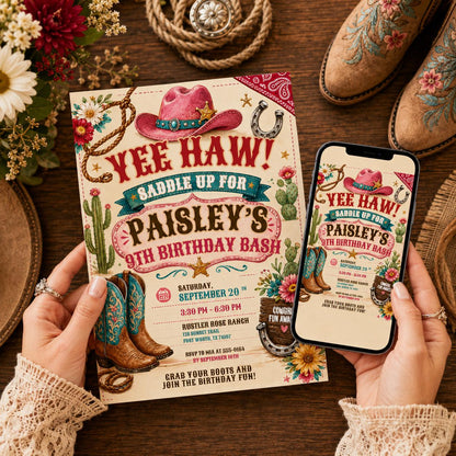 Yee Haw Cowgirl 9th Birthday Invitation with Boots and Cactus — cowboy desert design