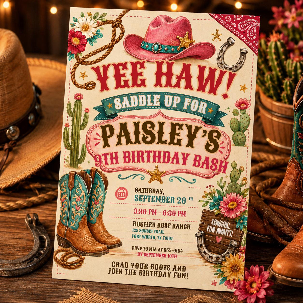 Yee Haw Cowgirl 9th Birthday Invitation with Boots and Cactus — invitation you personalize in Canva