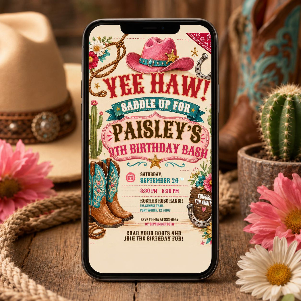 Yee Haw Cowgirl 9th Birthday Invitation with Boots and Cactus — print-ready 9th birthday party design from VoltBy
