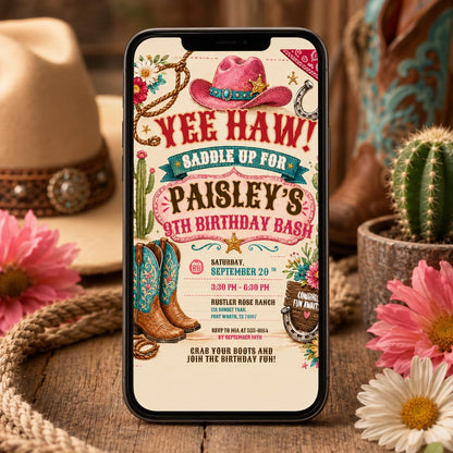 Yee Haw Cowgirl 9th Birthday Invitation with Boots and Cactus — print-ready 9th birthday party design from VoltBy