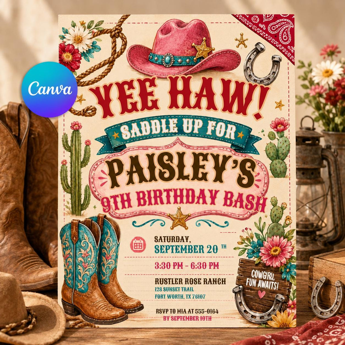 Yee Haw Cowgirl 9th Birthday Invitation with Boots and Cactus — editable Canva template