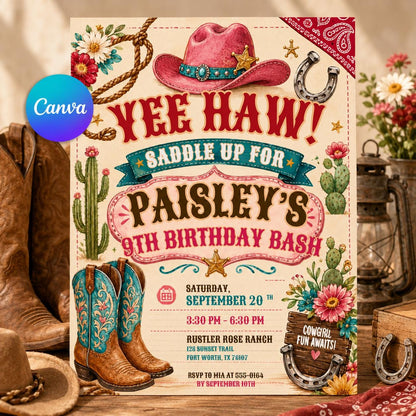 Yee Haw Cowgirl 9th Birthday Invitation with Boots and Cactus — editable Canva template