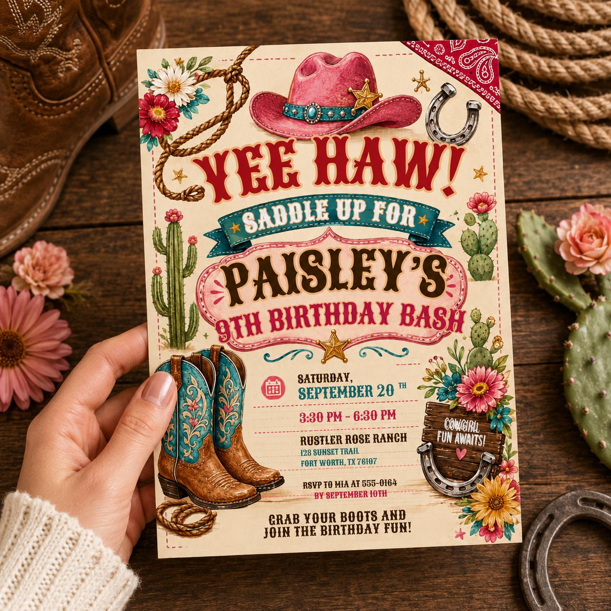 Editable Western Cowgirl Birthday Invitation, Yee Haw Invite, Saddle Up And Put Your Boots On, Western Cowgirl Invitation, Yee Haw Invite __etsy:8131611932