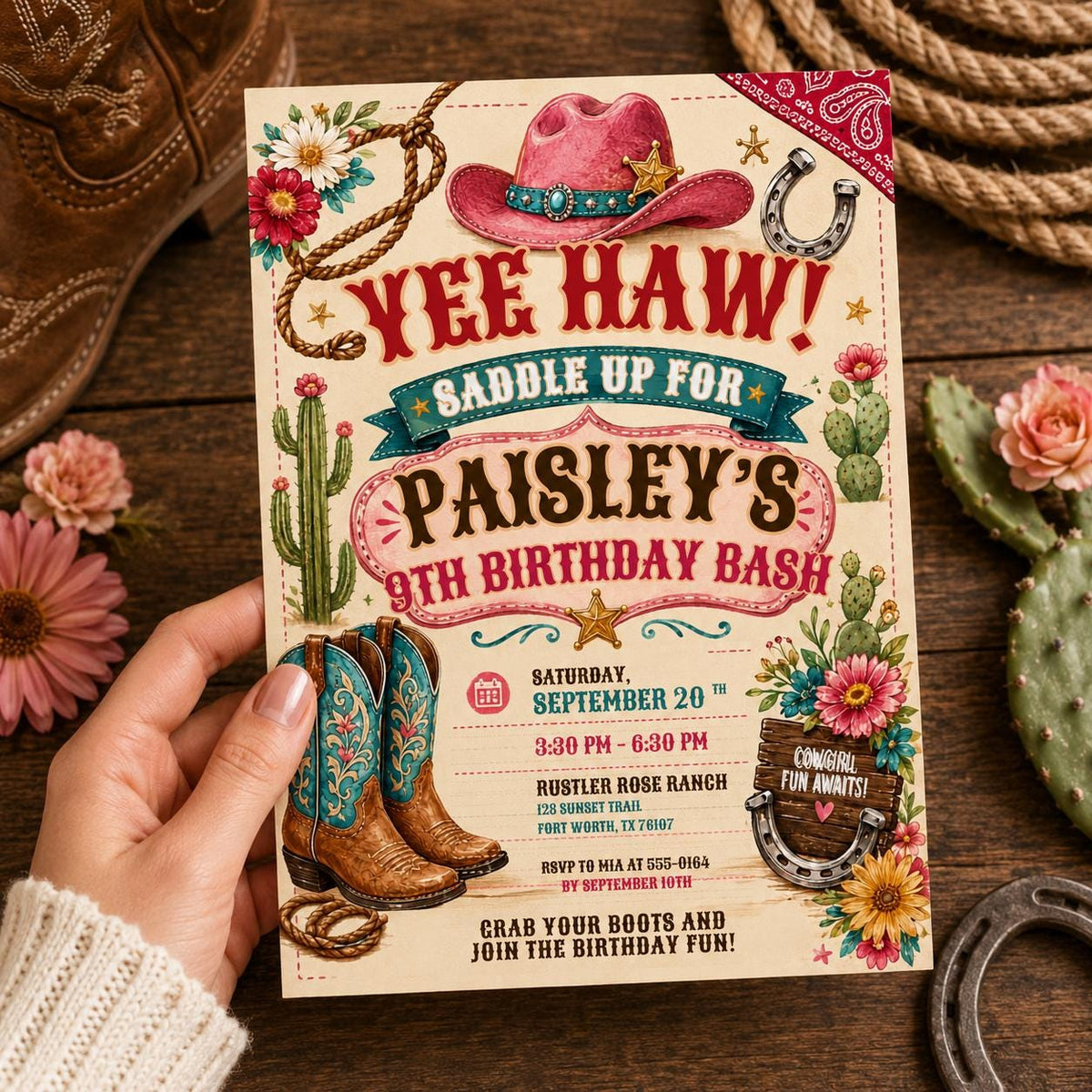 Yee Haw Cowgirl 9th Birthday Invitation with Boots and Cactus — cowboy desert artwork in cream pink