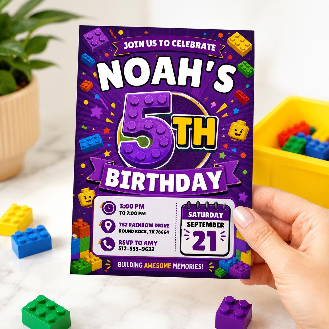 Editable Building Blocks Birthday Invitation, Purple Brick Party Canva Template, Kids 5th Birthday Invite __etsy:8131616070