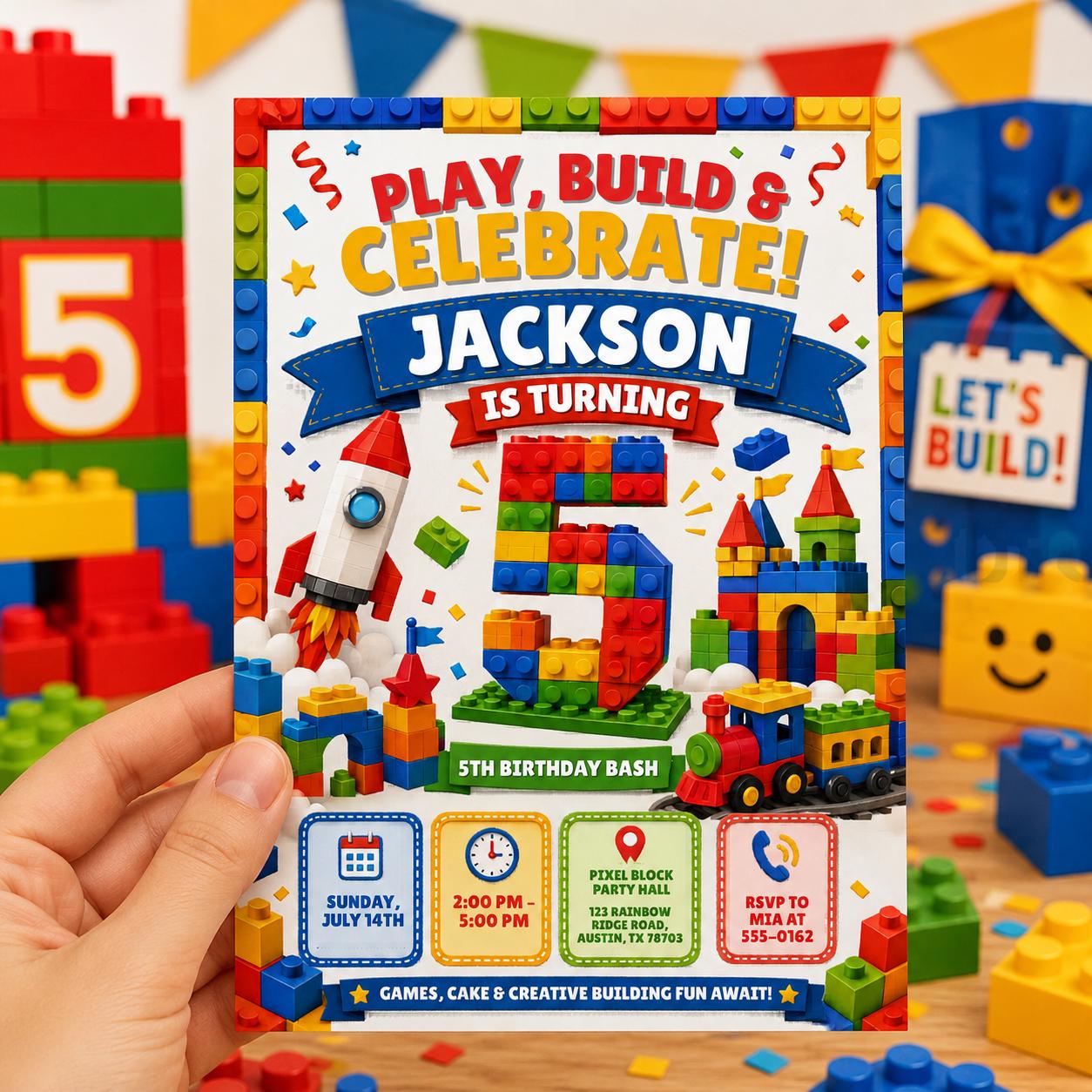Editable Building Blocks Birthday Invitation, Play Build Celebrate Canva Template, Kids Brick Party Invite __etsy:8131618066