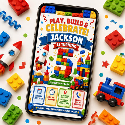 Editable Building Blocks Birthday Invitation, Play Build Celebrate Canva Template, Kids Brick Party Invite __etsy:8131618068