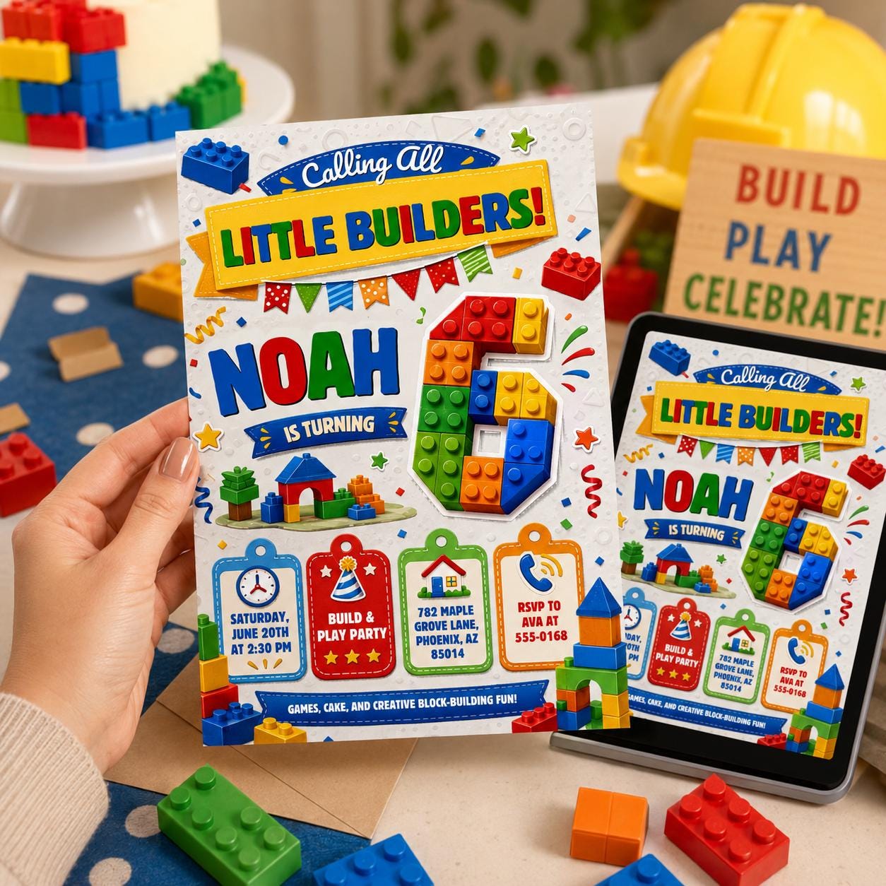 Editable Little Builders Birthday Invitation, Building Blocks Party Canva Template, Kids Digital Invite __etsy:8131619006
