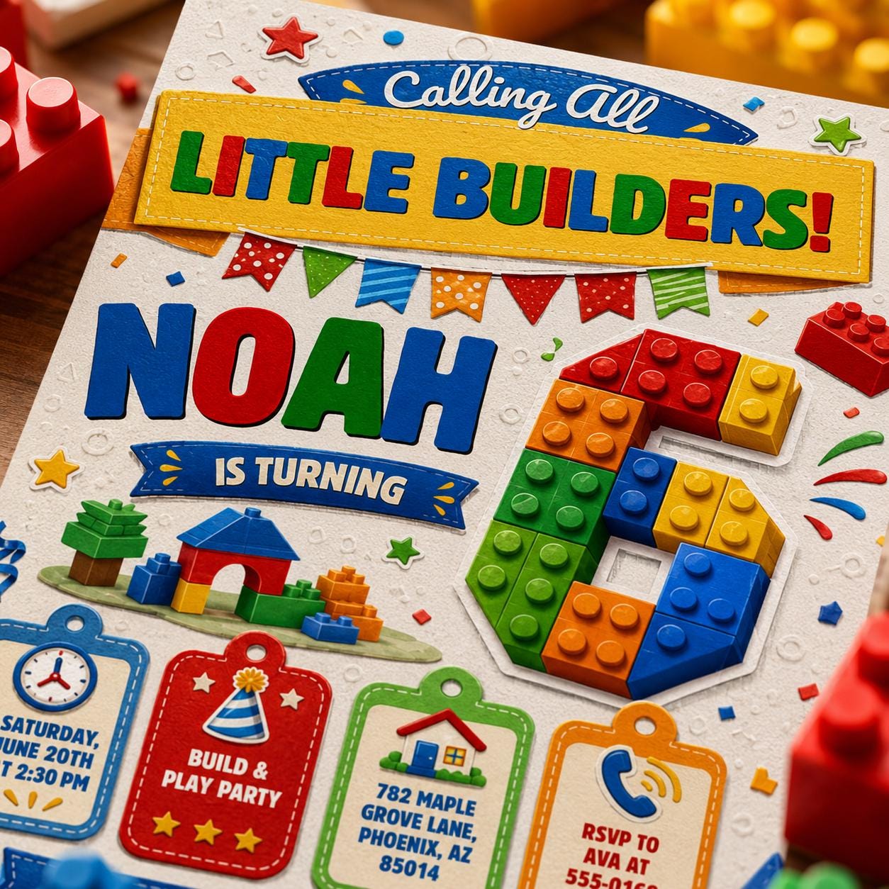 Editable Little Builders Birthday Invitation, Building Blocks Party Canva Template, Kids Digital Invite __etsy:8131619020