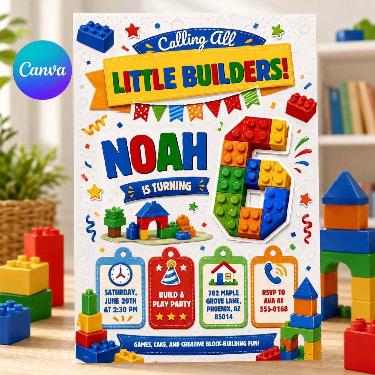 Editable Little Builders Birthday Invitation, Building Blocks Party Canva Template, Kids Digital Invite __etsy:8131619028