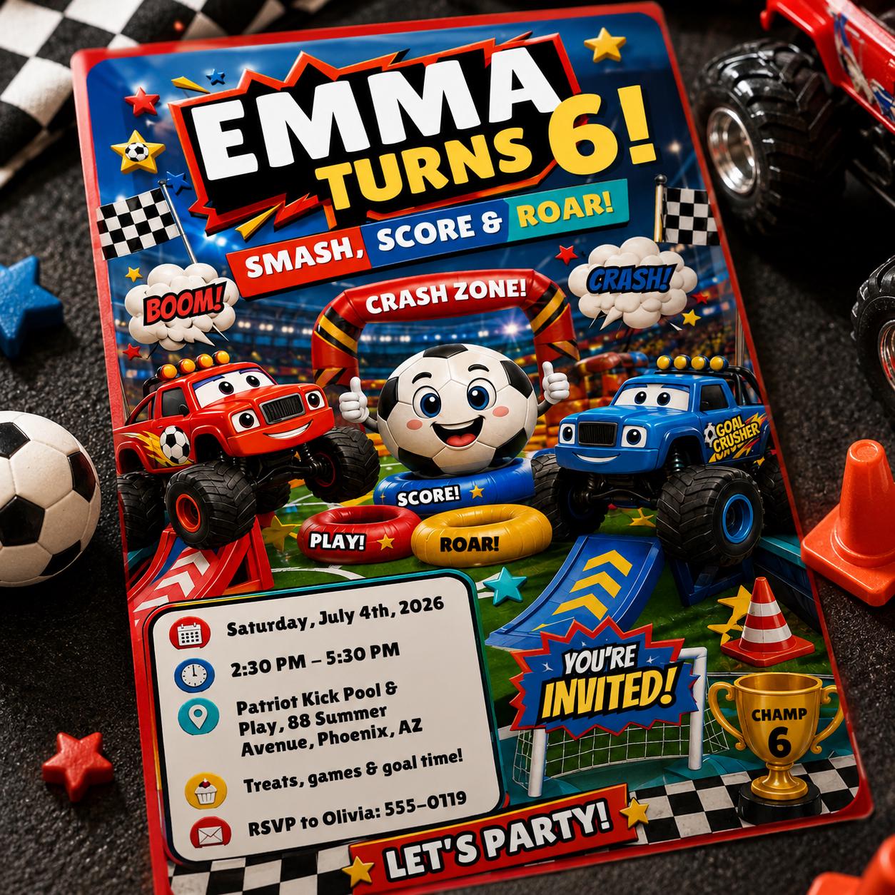 Smash Score And Roar Birthday Invitation, Editable Monster Truck Soccer Party Invite, Girl 6th Birthday Template, Printable Download __etsy:8131704860