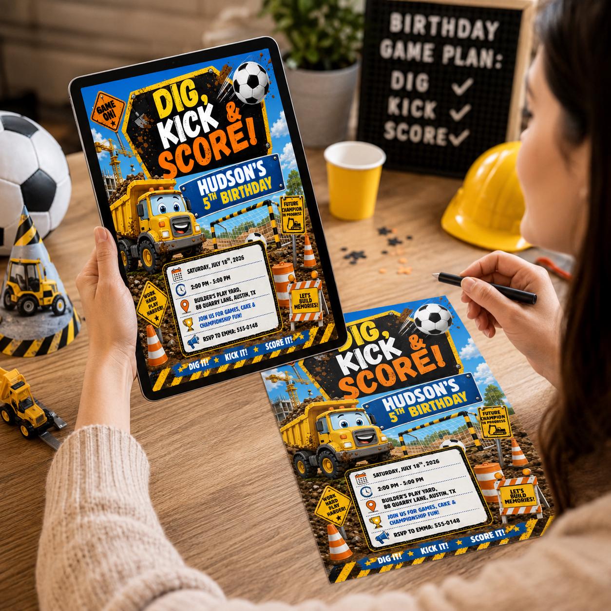 Dig Kick And Score Birthday Invitation, Construction Soccer Party Invite, Boy 5th Birthday Truck Builder, Construction Birthday Invitation __etsy:8131774580