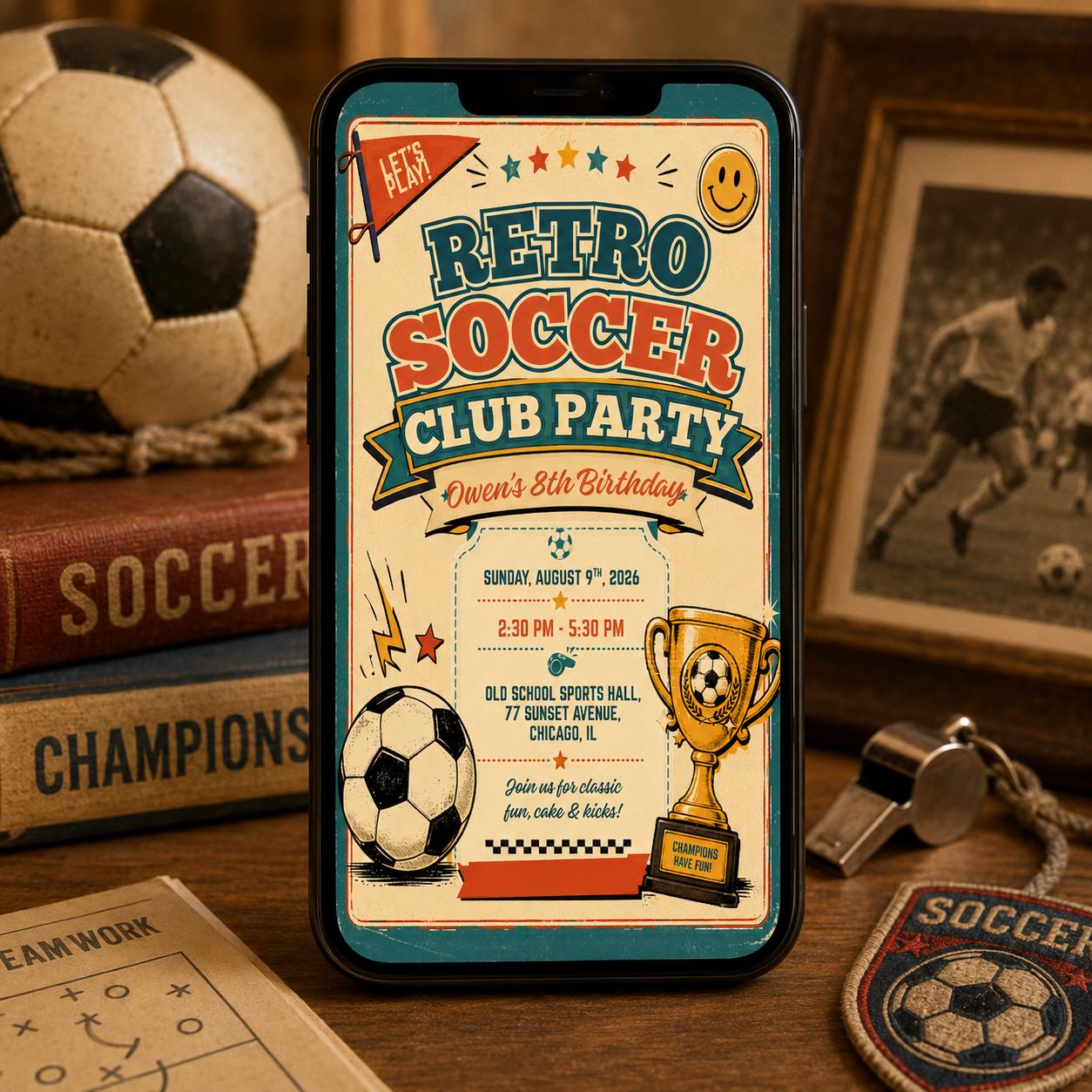 Retro Soccer Club Birthday Invitation, Editable Vintage Soccer Party Invite, Boy 8th Birthday Retro Sports Template, Printable Download __etsy:8131775774